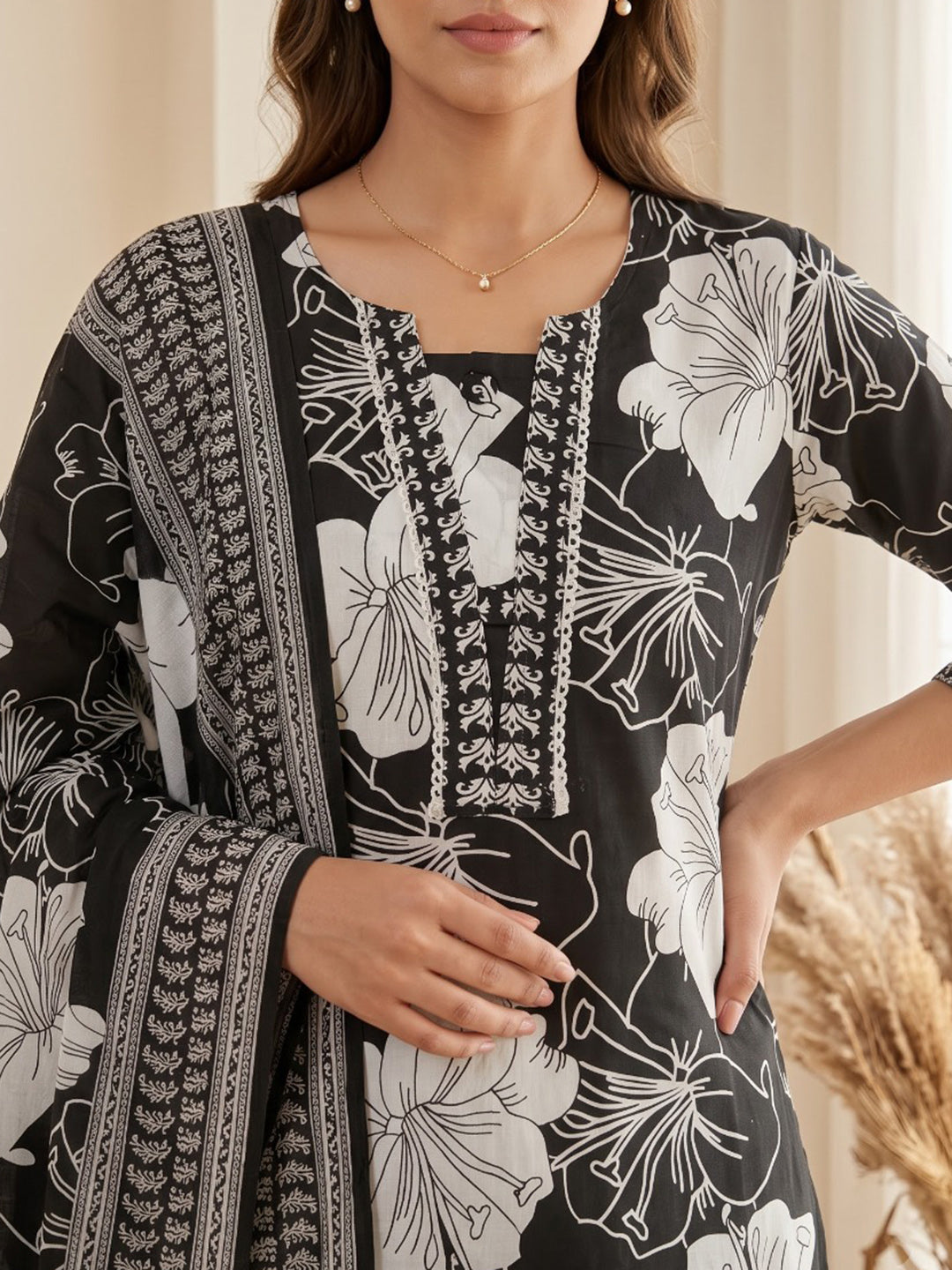 Black Printed Cotton Blend Kurta With Pant &amp; Dupatta