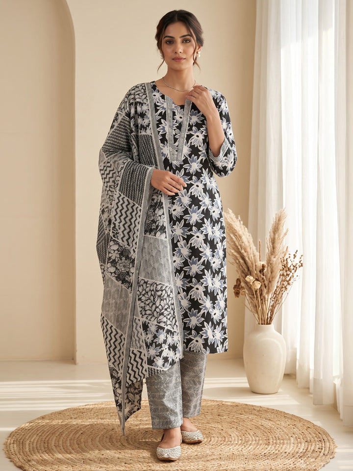 Black Printed Cotton Blend Kurta With Pant &amp; Dupatta