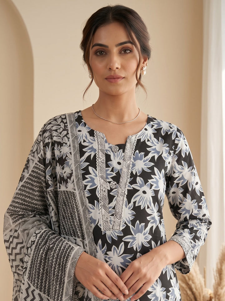 Black Printed Cotton Blend Kurta With Pant &amp; Dupatta