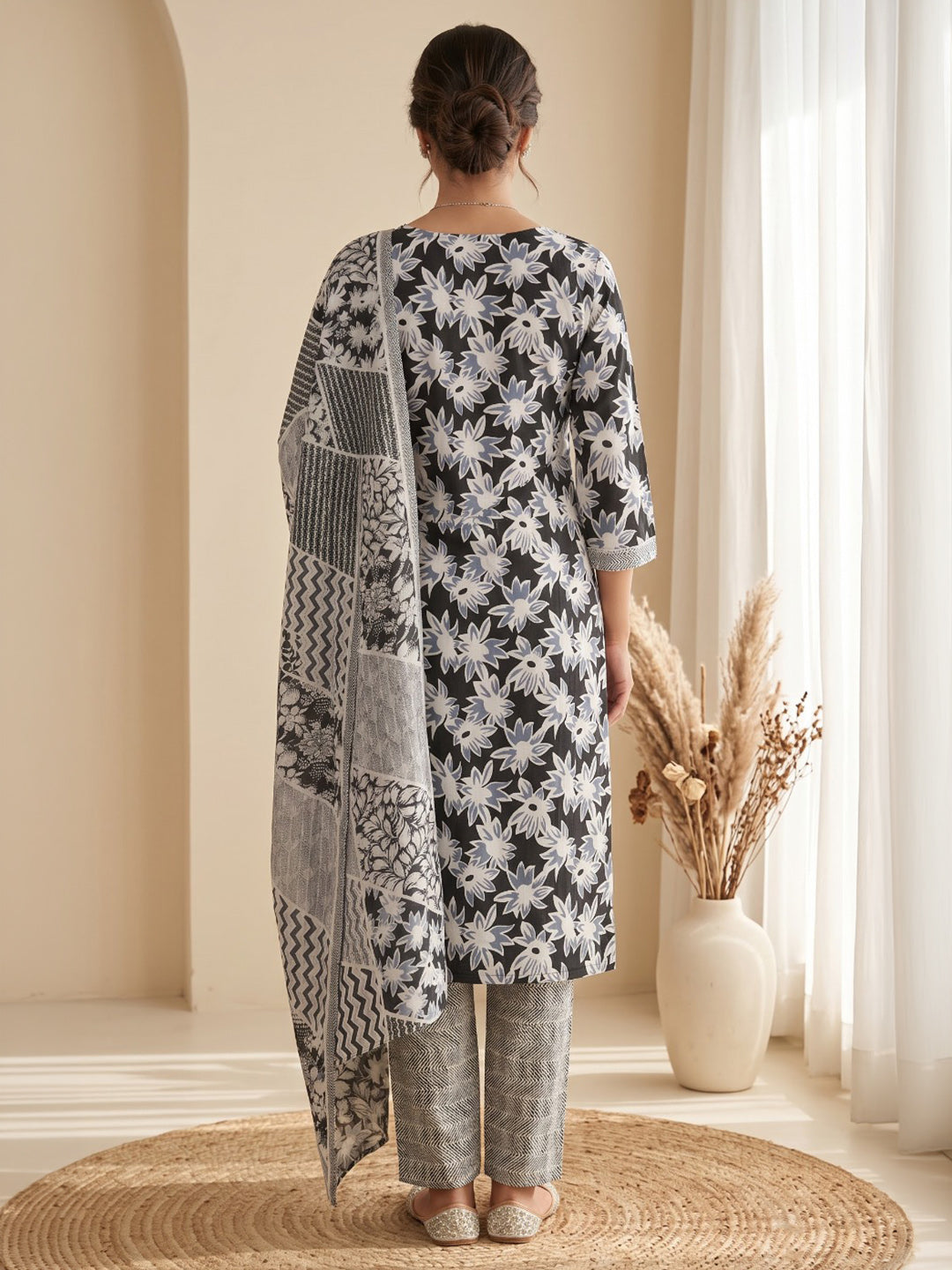 Black Printed Cotton Blend Kurta With Pant &amp; Dupatta