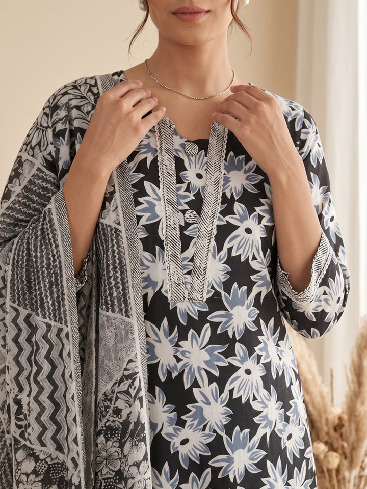 Black Printed Cotton Blend Kurta With Pant &amp; Dupatta