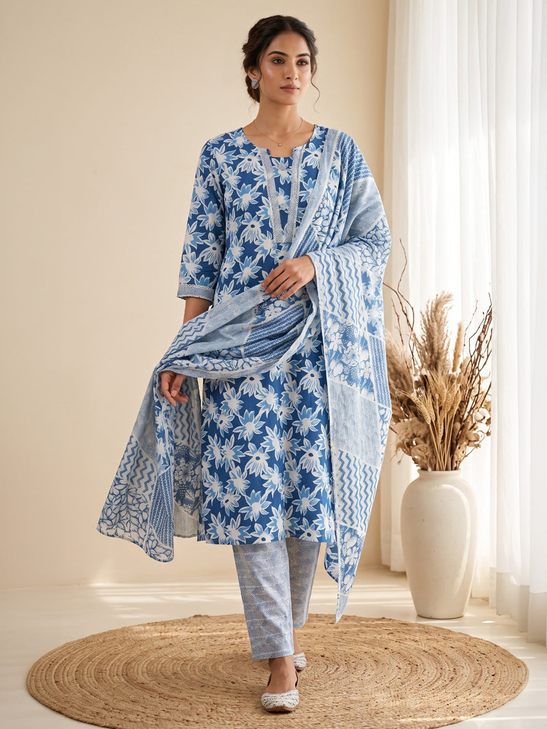 Blue Printed Cotton Blend Kurta With Pant &amp; Dupatta