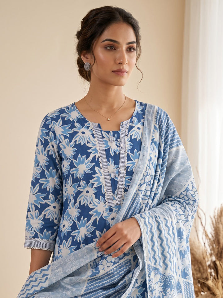 Blue Printed Cotton Blend Kurta With Pant &amp; Dupatta