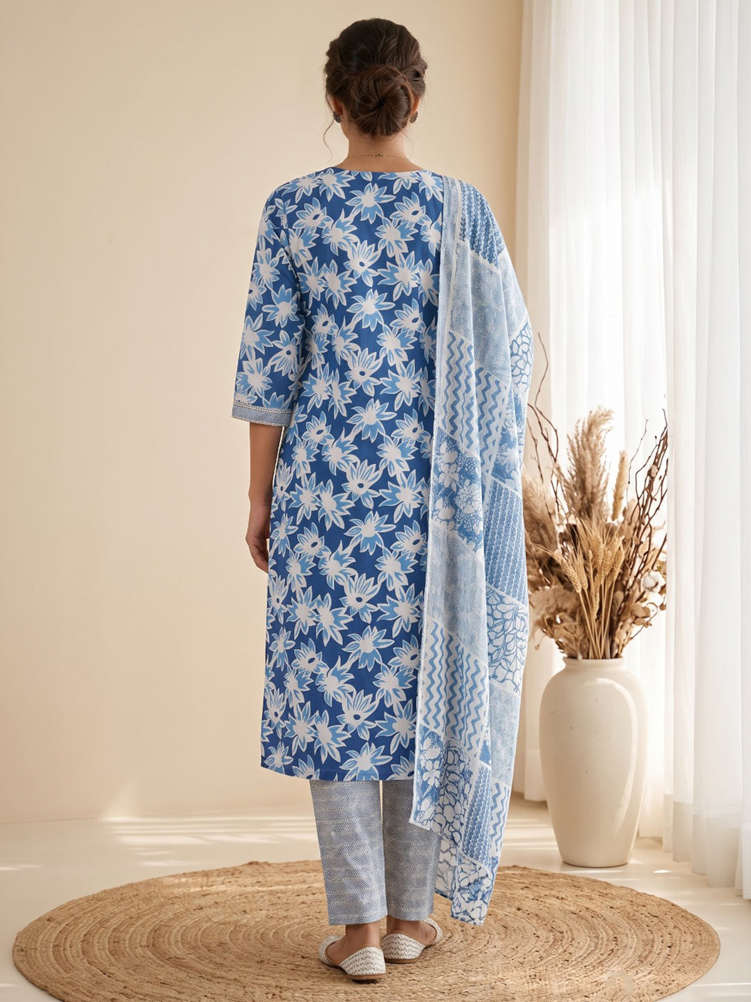 Blue Printed Cotton Blend Kurta With Pant &amp; Dupatta