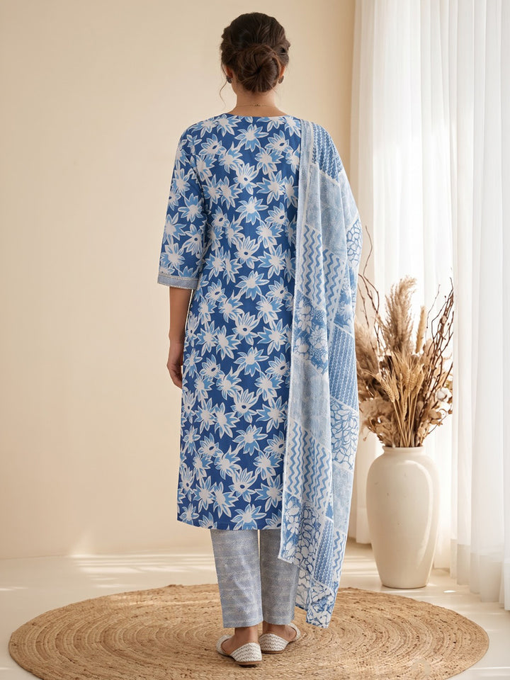 Blue Printed Cotton Blend Kurta With Pant &amp; Dupatta