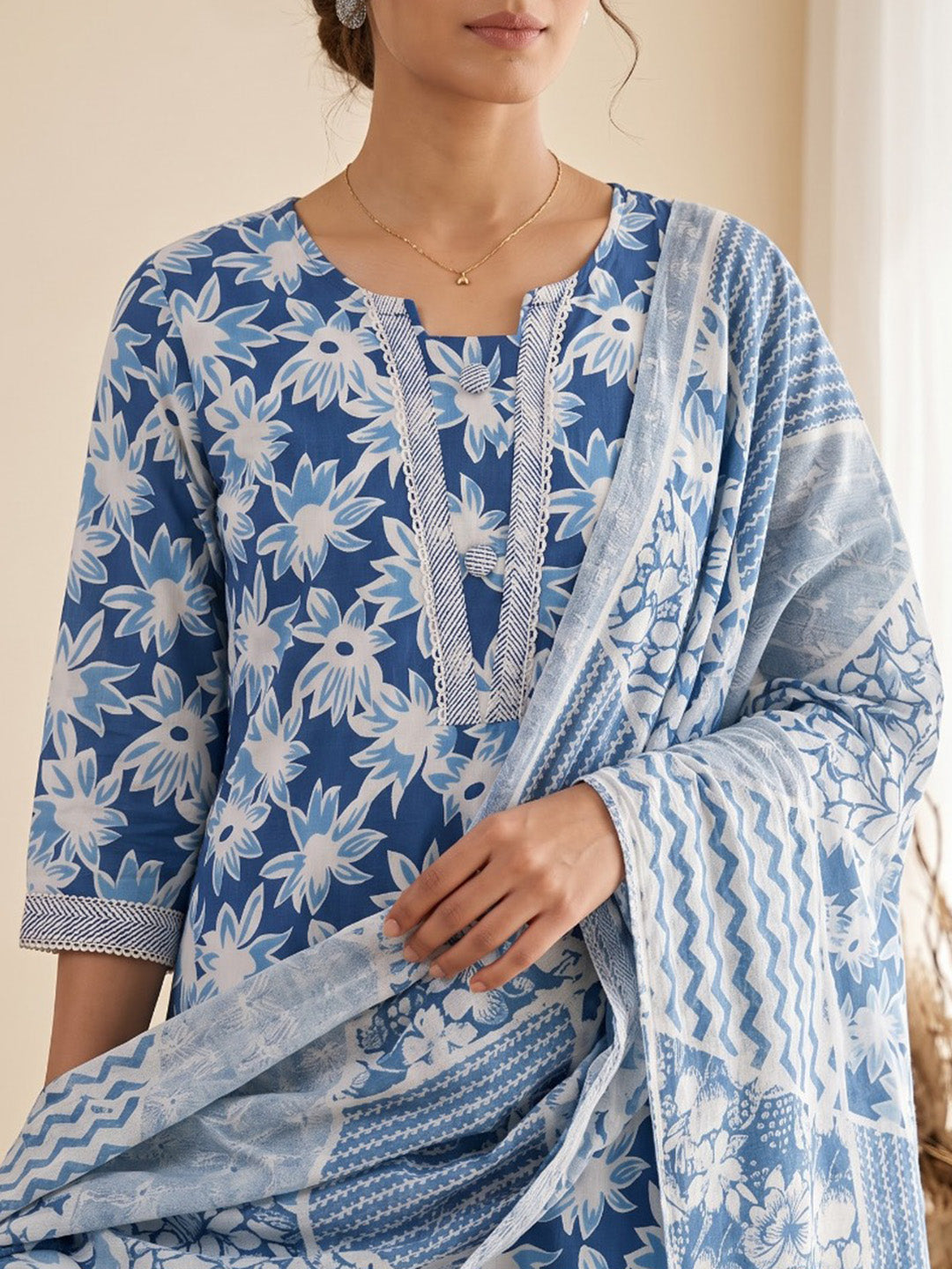 Blue Printed Cotton Blend Kurta With Pant &amp; Dupatta