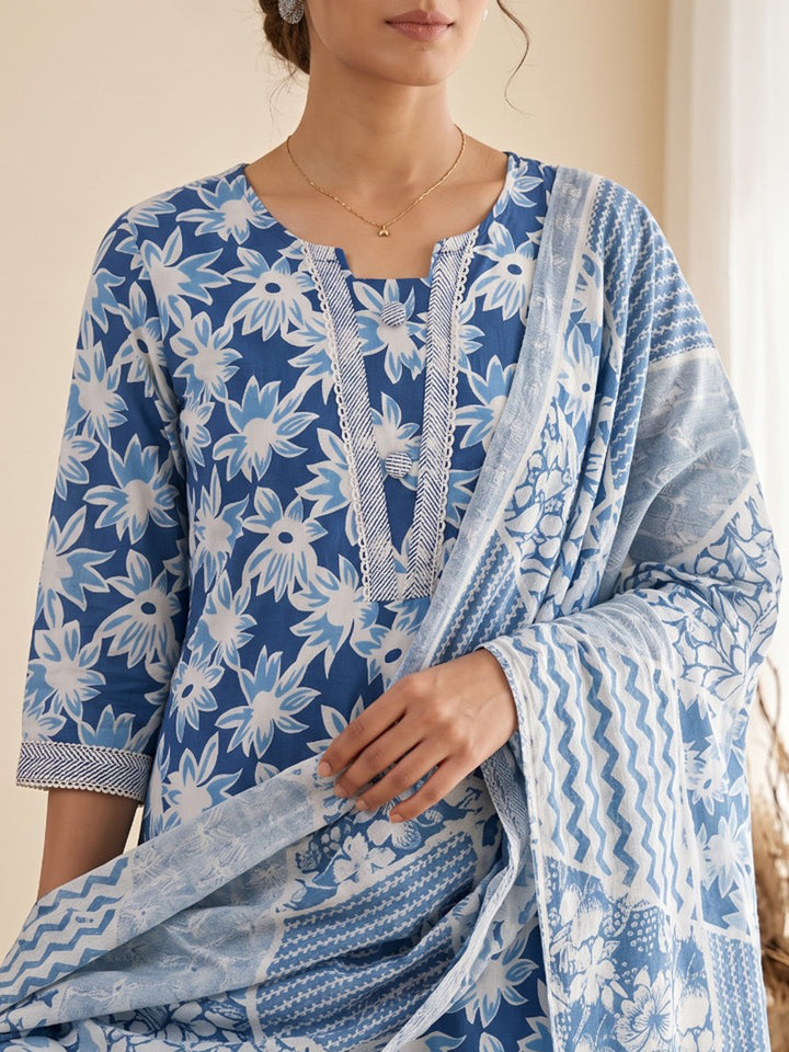 Blue Printed Cotton Blend Kurta With Pant &amp; Dupatta