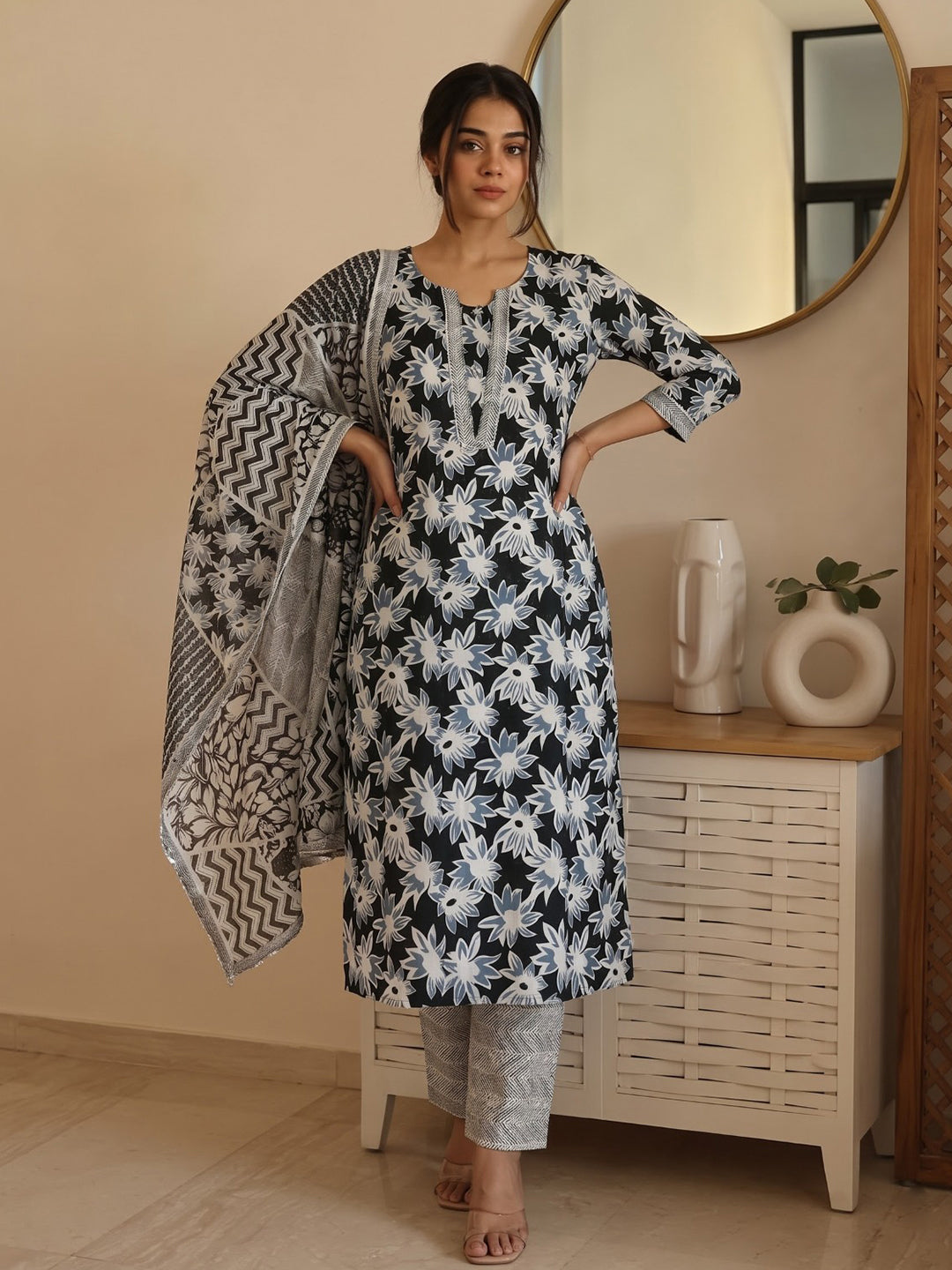Grey Printed Cotton Blend Kurta With Pant &amp; Dupatta