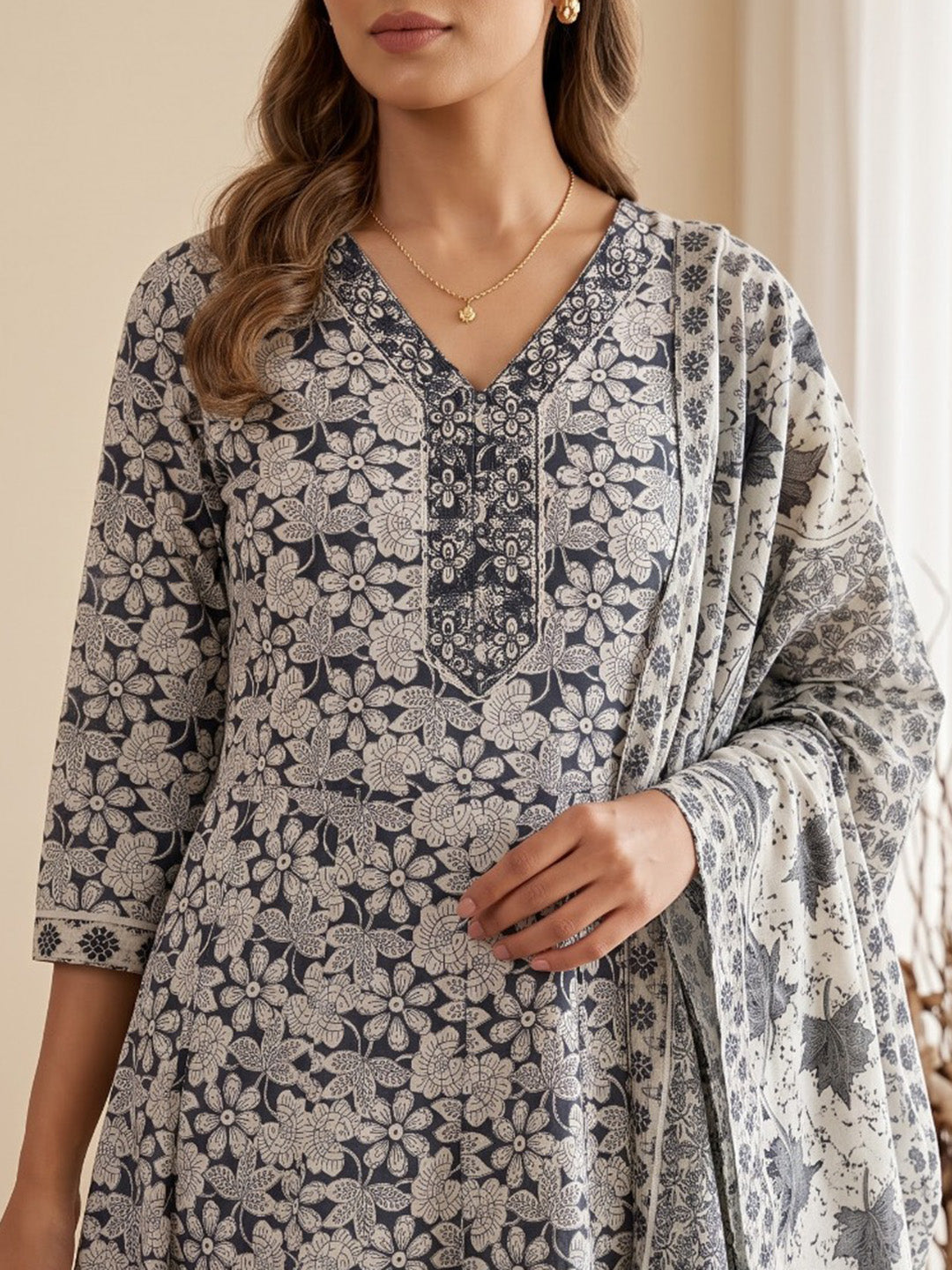 White Printed Cotton Blend Kurta With Pant &amp; Dupatta