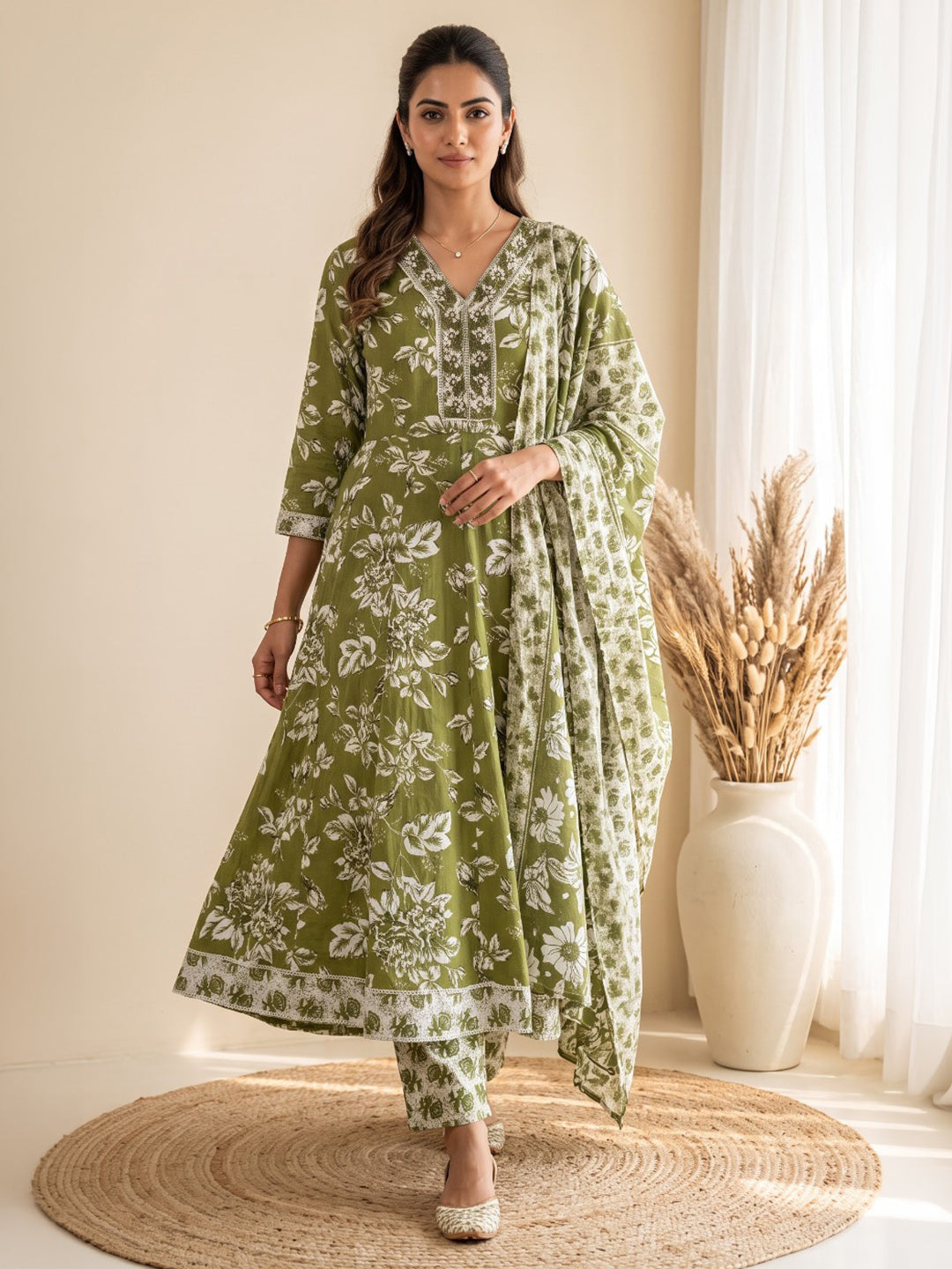 Green Printed Cotton Blend Kurta With Pant &amp; Dupatta