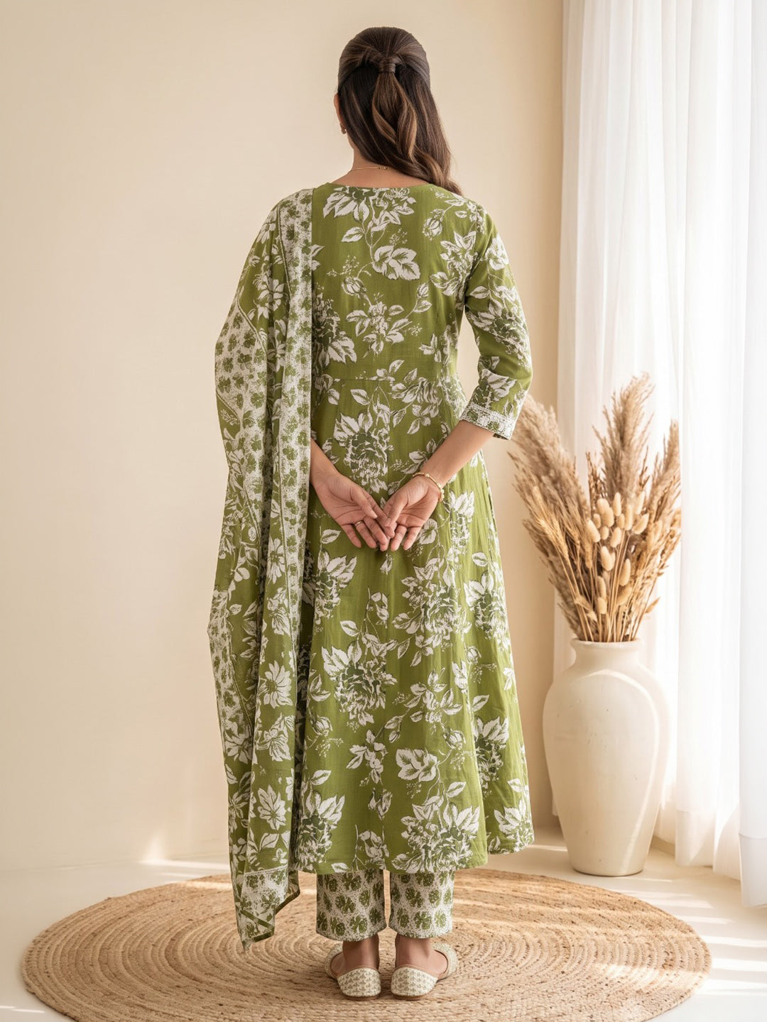 Green Printed Cotton Blend Kurta With Pant &amp; Dupatta