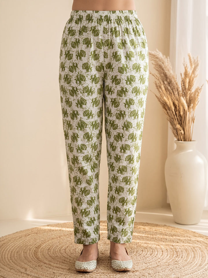 Green Printed Cotton Blend Kurta With Pant &amp; Dupatta