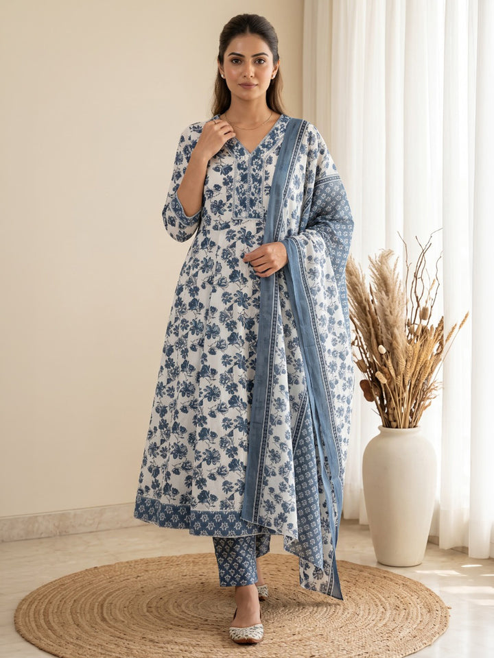 Blue Printed Cotton Blend Kurta With Pant &amp; Dupatta