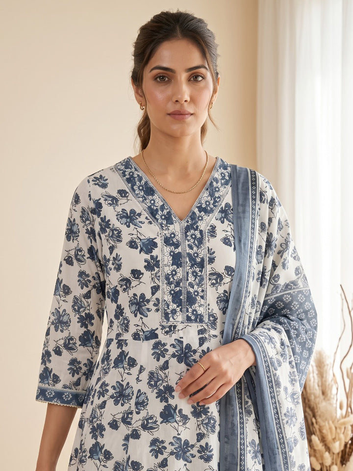Blue Printed Cotton Blend Kurta With Pant &amp; Dupatta
