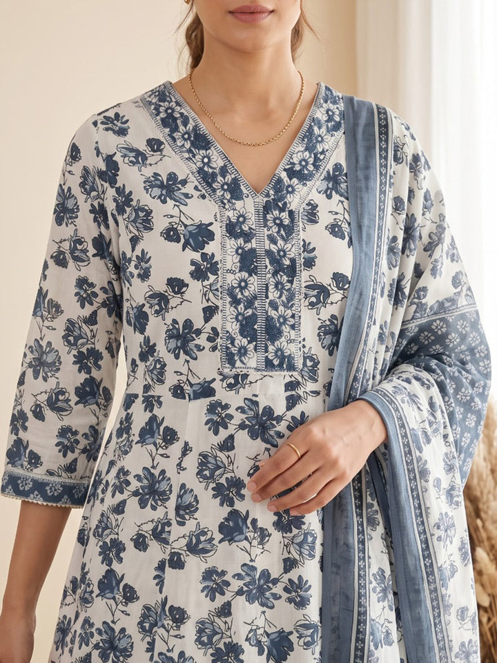 Blue Printed Cotton Blend Kurta With Pant &amp; Dupatta