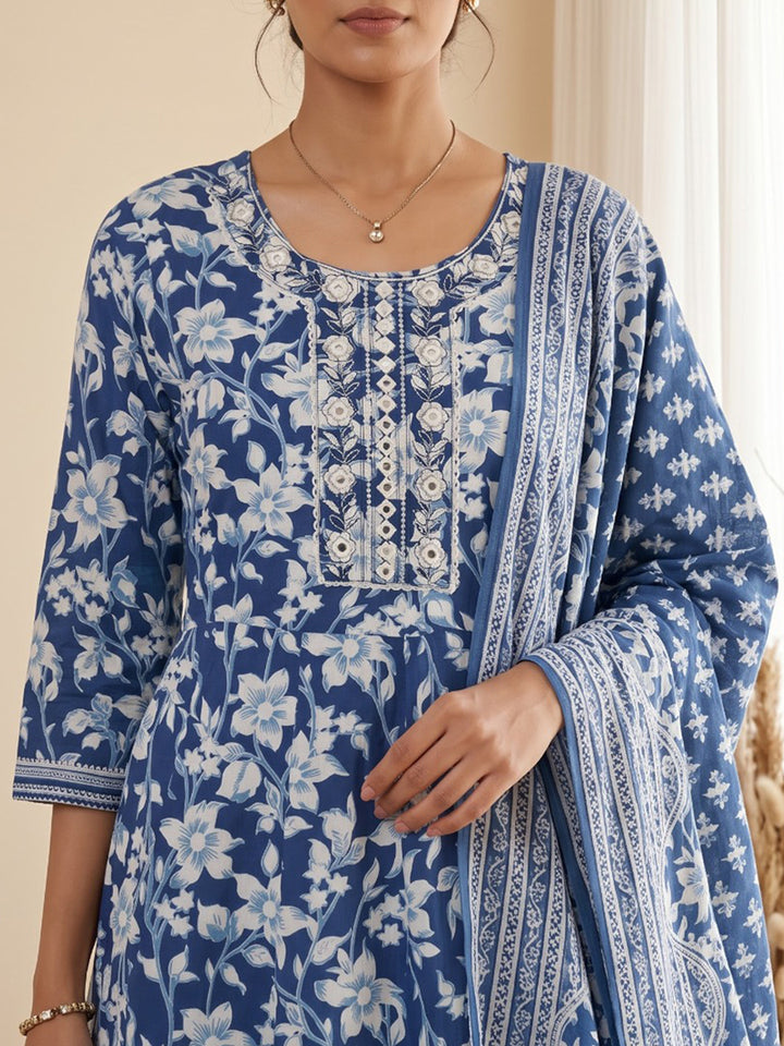 Blue Printed Cotton Blend Kurta With Pant &amp; Dupatta