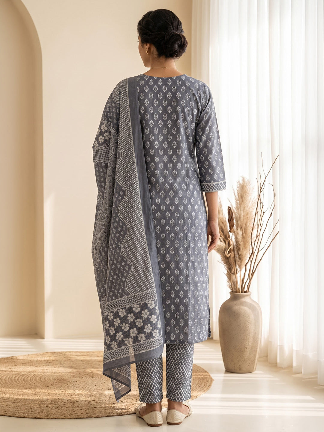 Blue Printed Cotton Blend Kurta With Pant &amp; Dupatta
