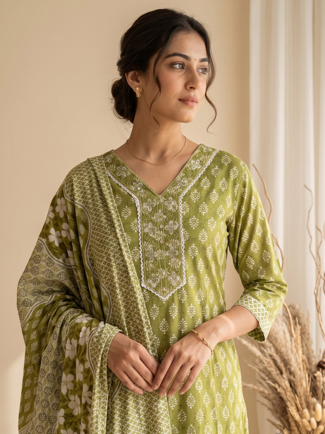 Green Printed Cotton Blend Kurta With Pant &amp; Dupatta