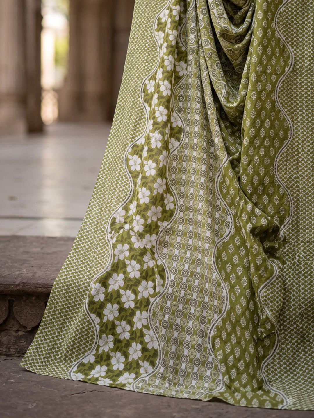 Green Printed Cotton Blend Kurta With Pant &amp; Dupatta