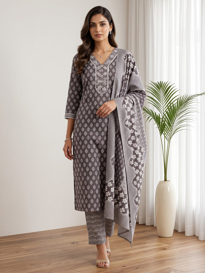Wine Printed Cotton Blend Kurta With Pant &amp; Dupatta