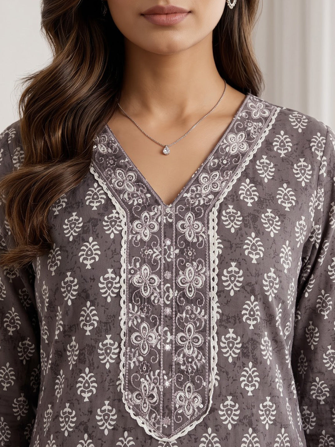 Wine Printed Cotton Blend Kurta With Pant &amp; Dupatta
