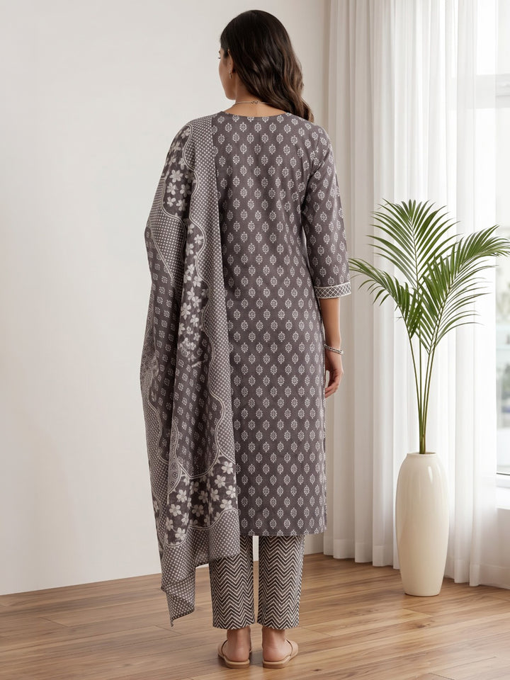 Wine Printed Cotton Blend Kurta With Pant &amp; Dupatta