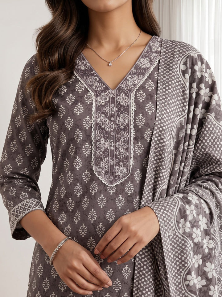 Wine Printed Cotton Blend Kurta With Pant &amp; Dupatta