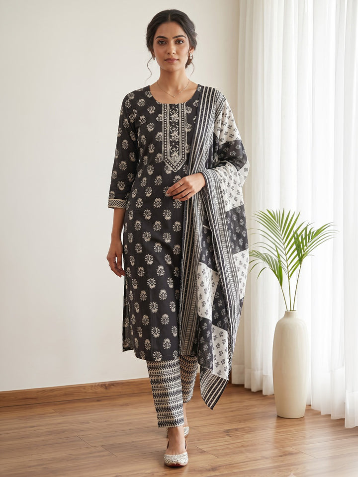 Black Printed Cotton Blend Kurta With Pant &amp; Dupatta