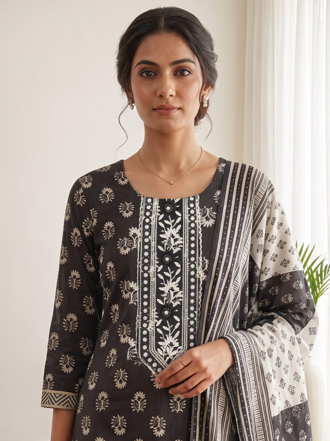 Black Printed Cotton Blend Kurta With Pant &amp; Dupatta