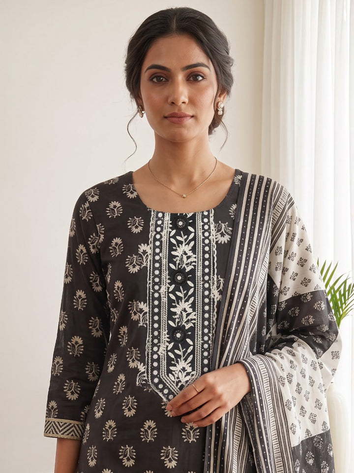 Black Printed Cotton Blend Kurta With Pant &amp; Dupatta