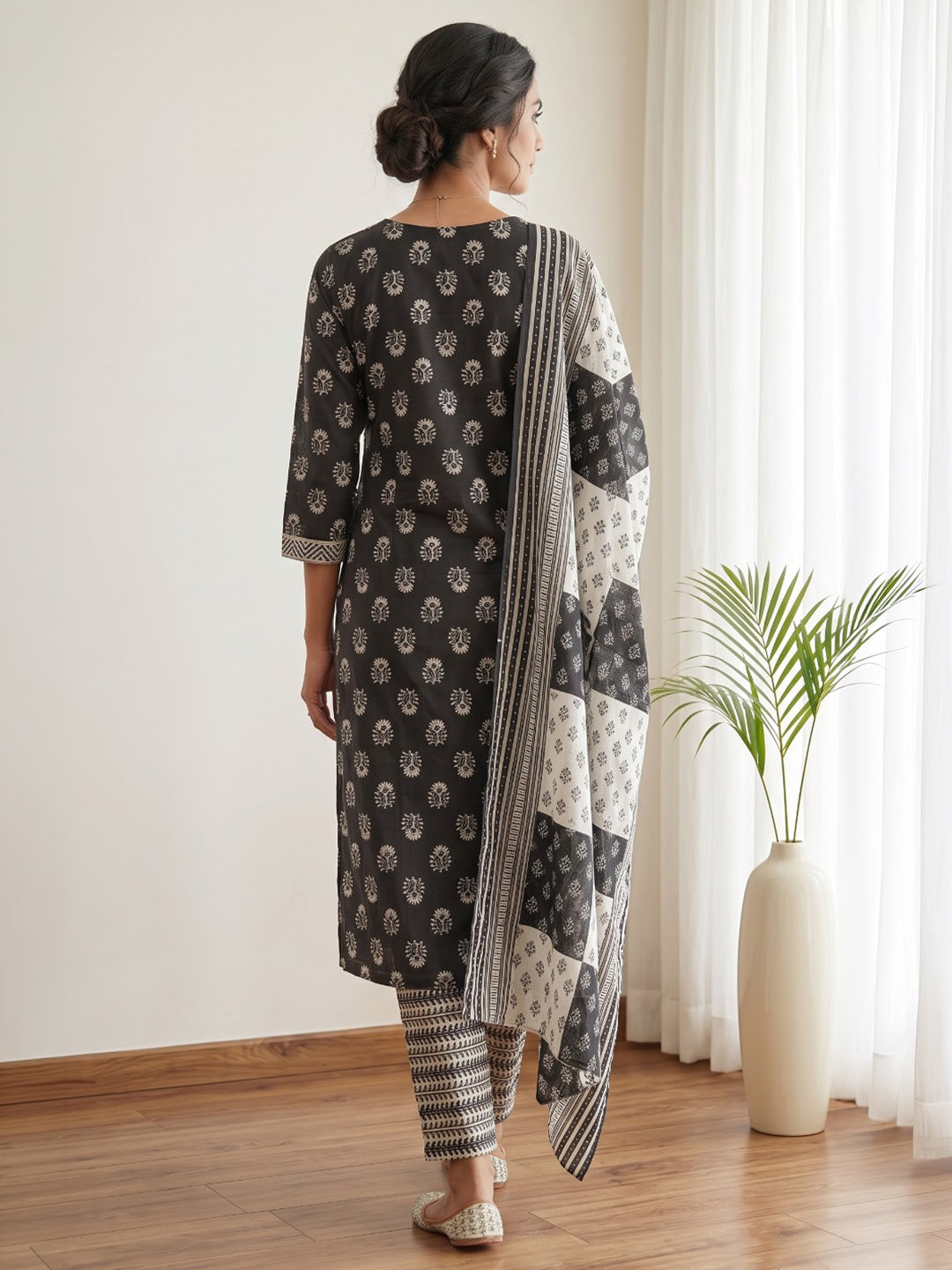 Black Printed Cotton Blend Kurta With Pant &amp; Dupatta