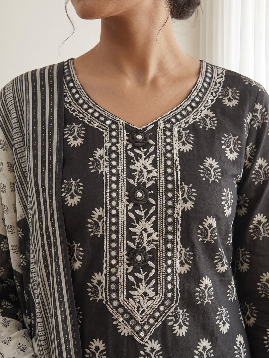 Black Printed Cotton Blend Kurta With Pant &amp; Dupatta