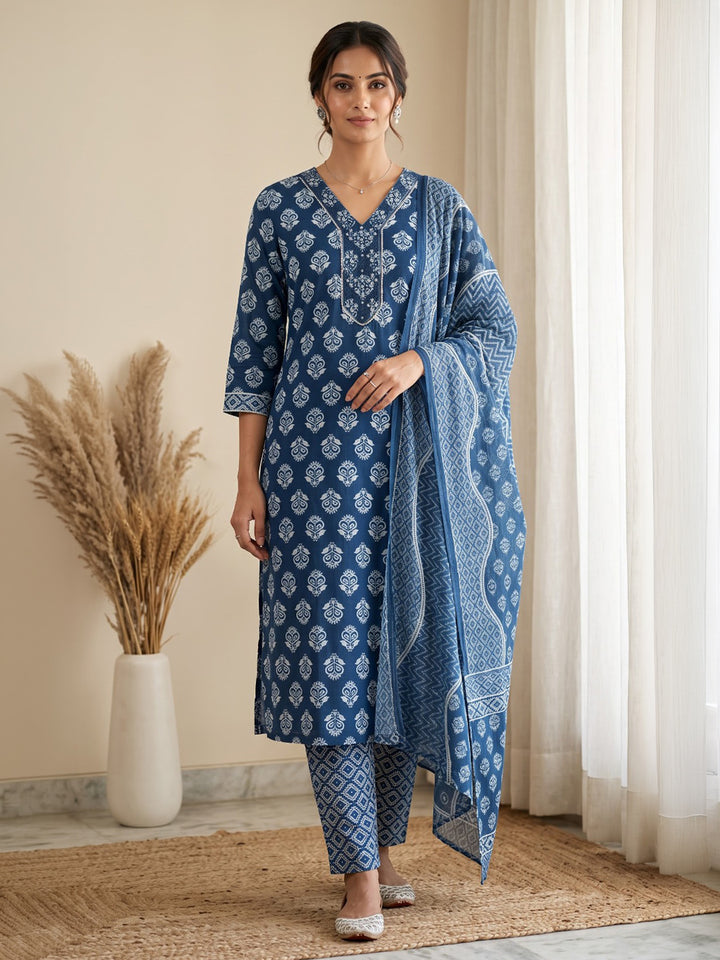 Blue Printed Cotton Blend Kurta With Pant &amp; Dupatta