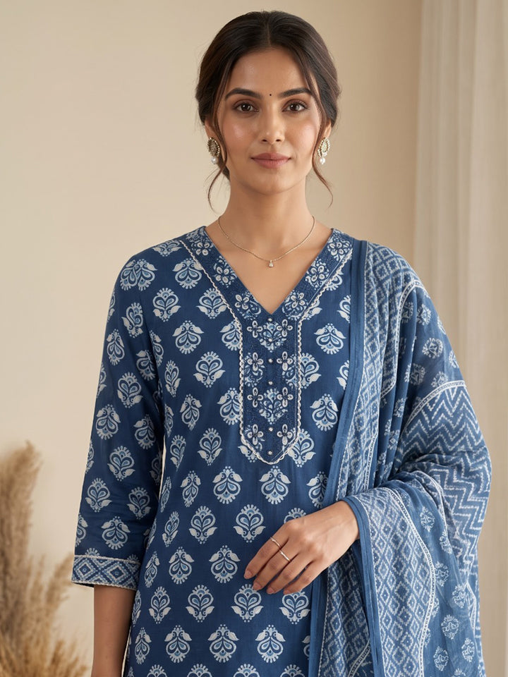 Blue Printed Cotton Blend Kurta With Pant &amp; Dupatta