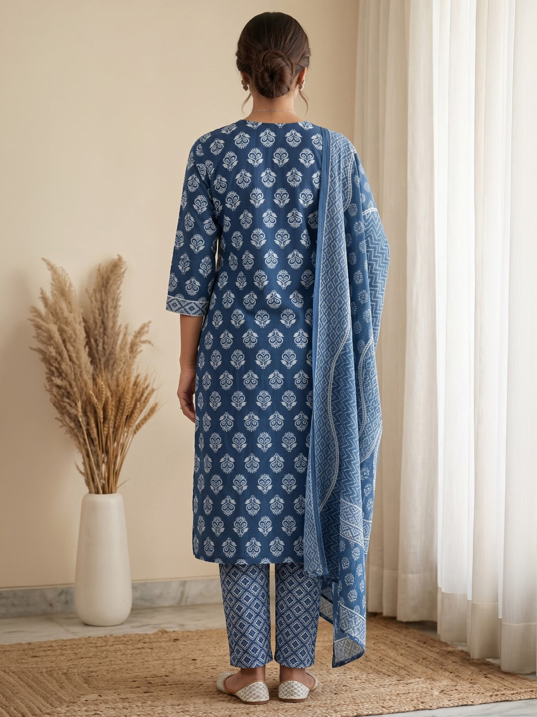 Blue Printed Cotton Blend Kurta With Pant &amp; Dupatta