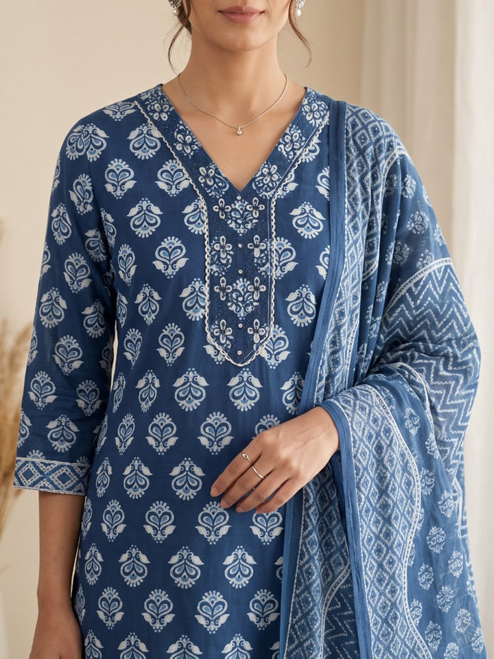 Blue Printed Cotton Blend Kurta With Pant &amp; Dupatta