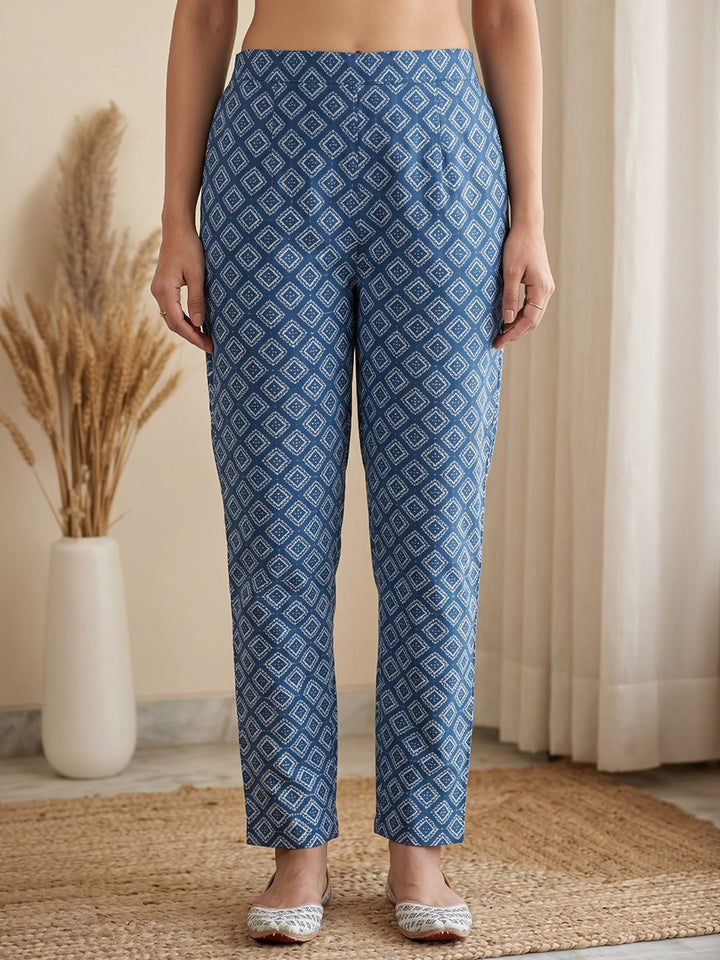 Blue Printed Cotton Blend Kurta With Pant &amp; Dupatta