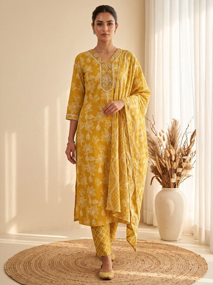 Yellow Printed Cotton Blend Kurta With Pant &amp; Dupatta