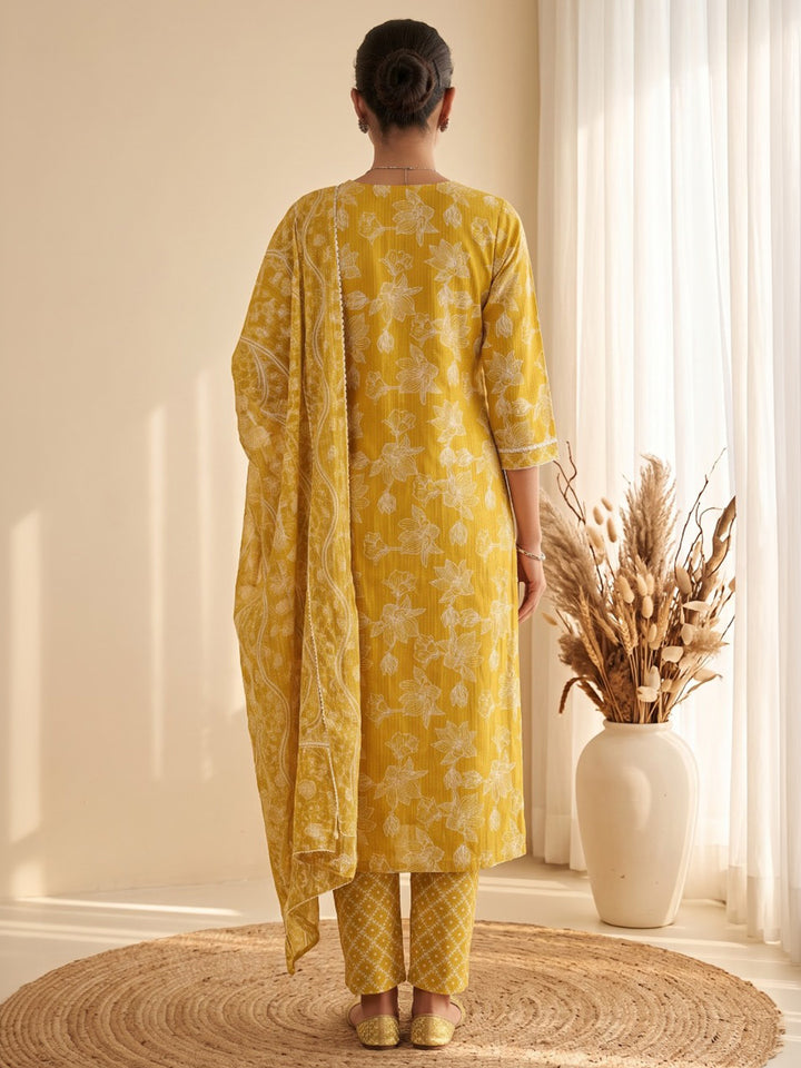 Yellow Printed Cotton Blend Kurta With Pant &amp; Dupatta