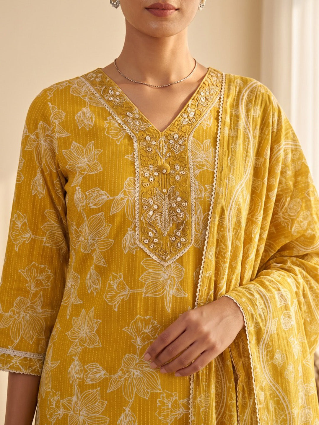 Yellow Printed Cotton Blend Kurta With Pant &amp; Dupatta