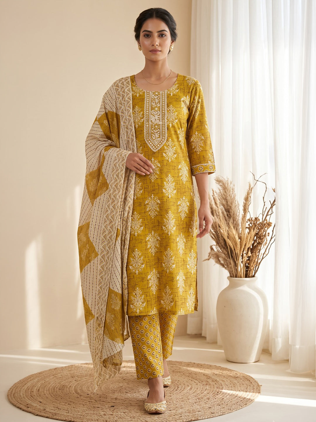 Mustard Printed Cotton Blend Kurta With Pant &amp; Dupatta