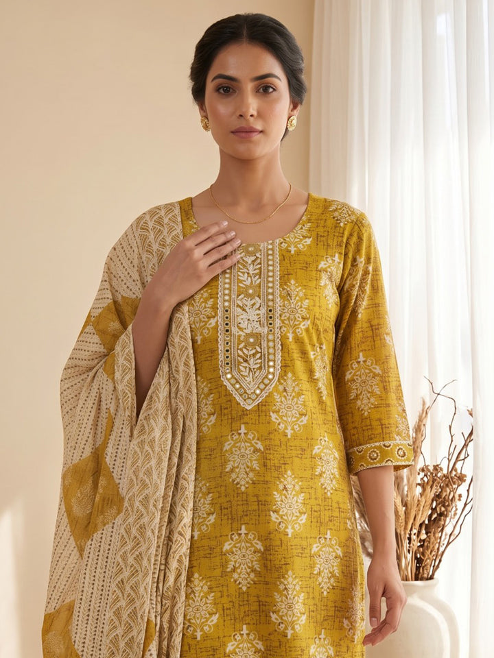 Mustard Printed Cotton Blend Kurta With Pant &amp; Dupatta