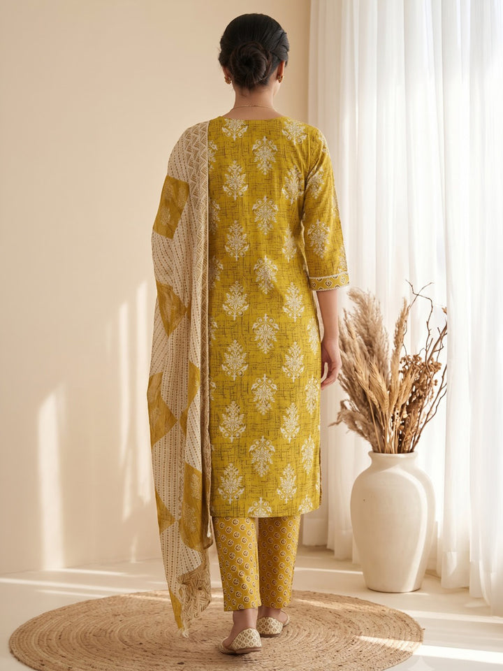 Mustard Printed Cotton Blend Kurta With Pant &amp; Dupatta