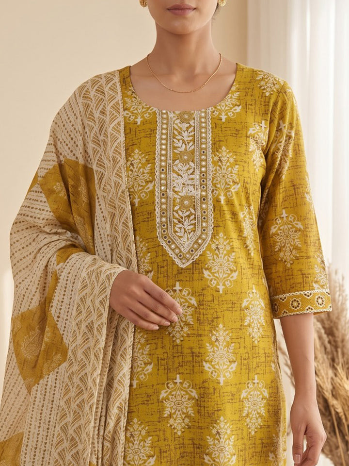 Mustard Printed Cotton Blend Kurta With Pant &amp; Dupatta