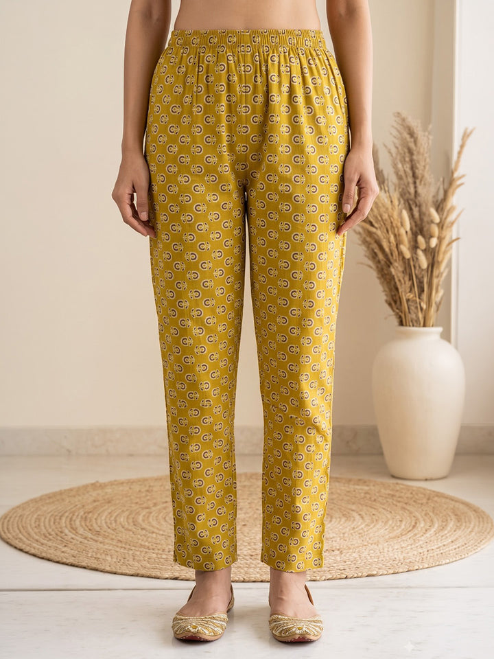 Mustard Printed Cotton Blend Kurta With Pant &amp; Dupatta