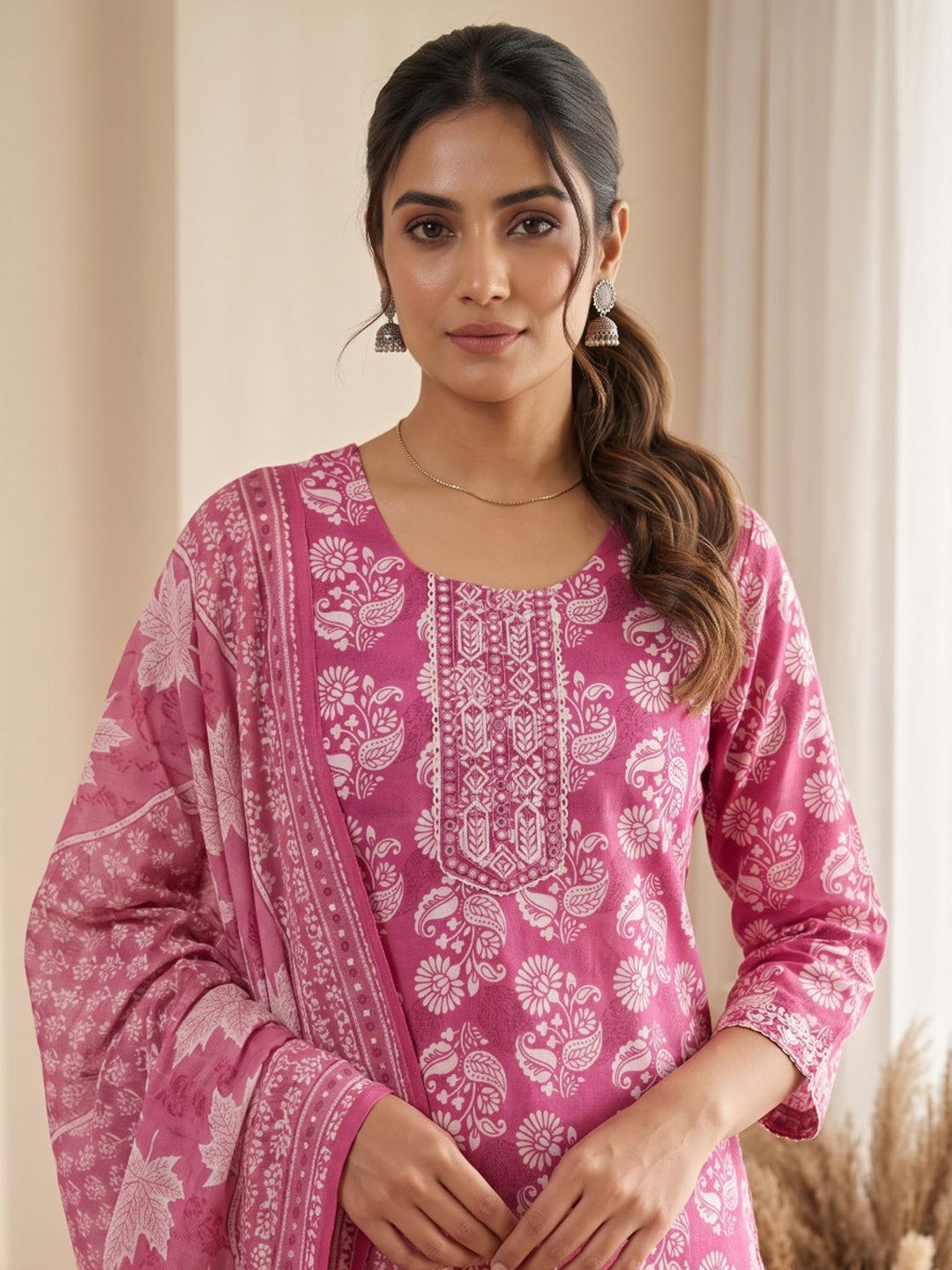 Pink Printed Cotton Blend Kurta With Pant &amp; Dupatta