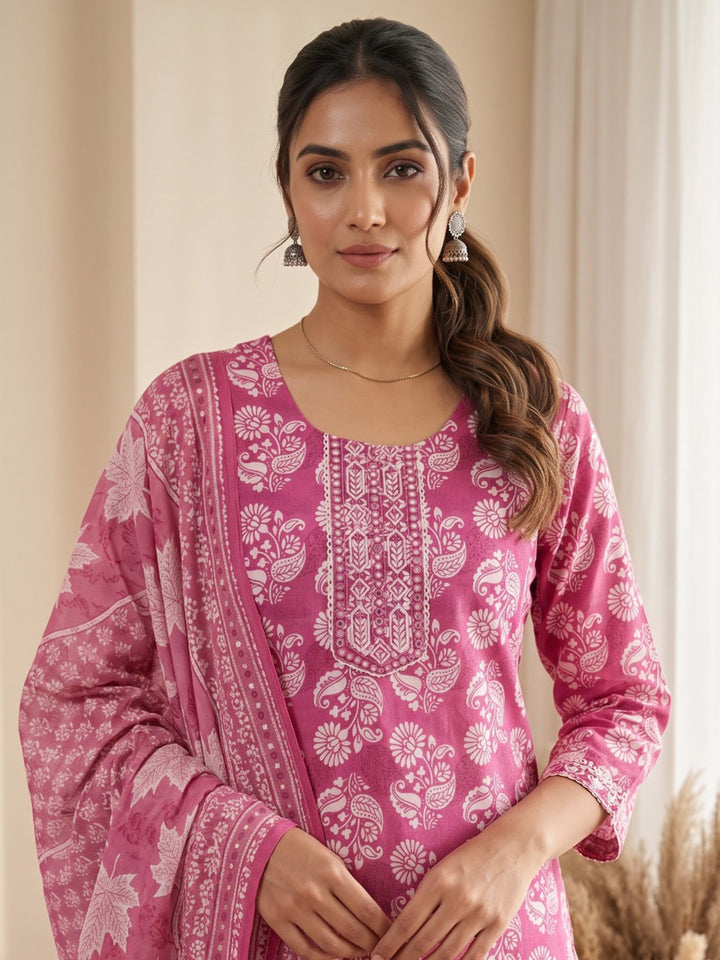 Pink Printed Cotton Blend Kurta With Pant &amp; Dupatta