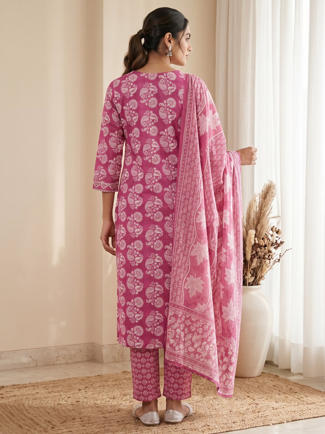 Pink Printed Cotton Blend Kurta With Pant &amp; Dupatta