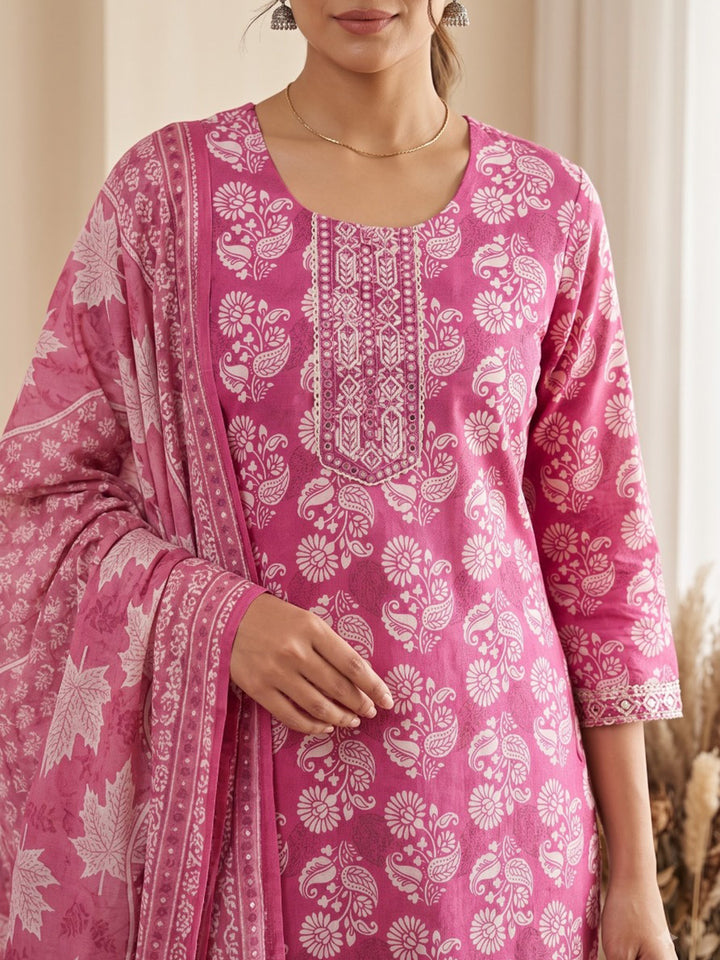Pink Printed Cotton Blend Kurta With Pant &amp; Dupatta