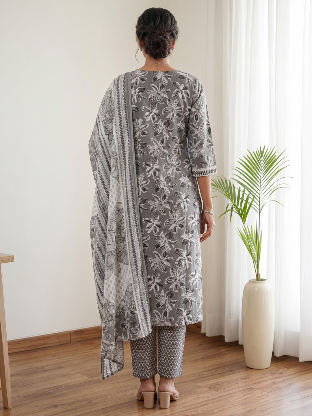 Grey Printed Cotton Blend Kurta With Pant &amp; Dupatta